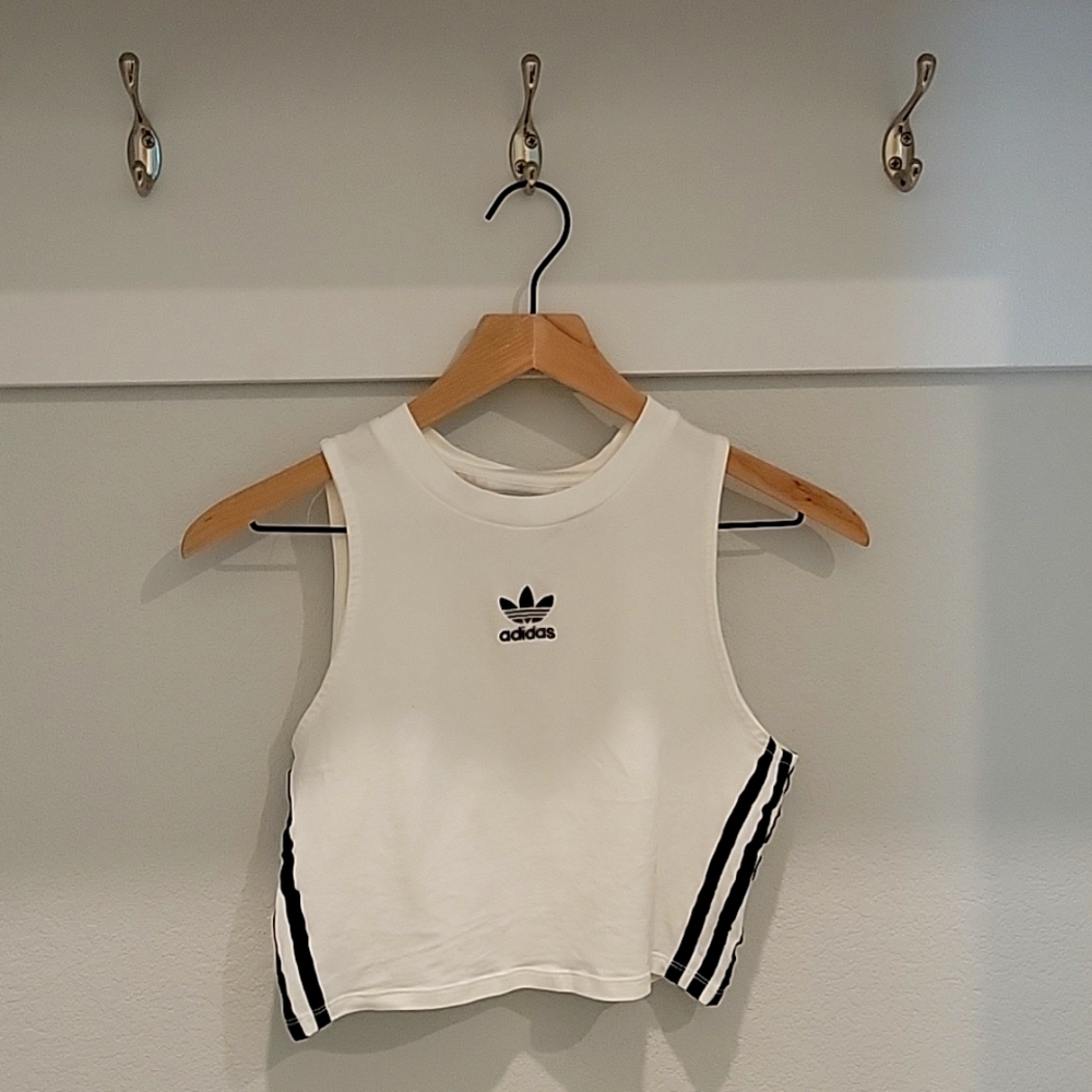 Adidas White 3 Striped Cropped Tank Top, Small